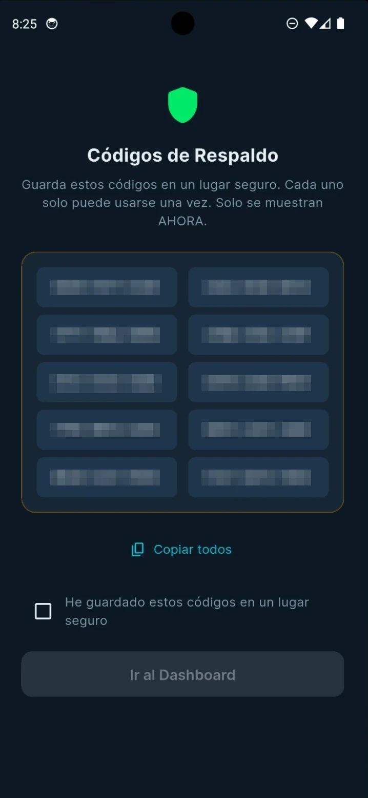 Ten single-use backup codes (redacted) generated after TOTP setup, with copy-all action and save confirmation gating access to the dashboard.
