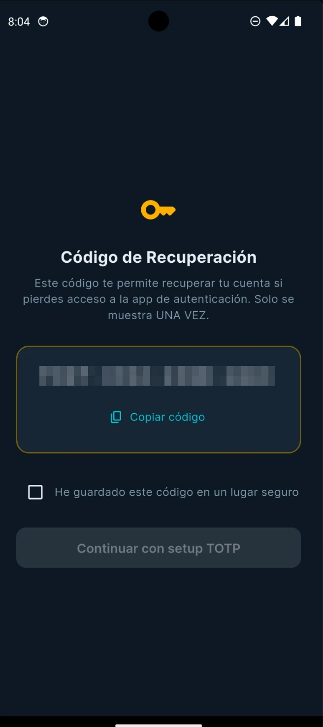 2FA enrolment: one-time recovery code screen (code redacted) shown before TOTP setup, with explicit save confirmation required to continue.