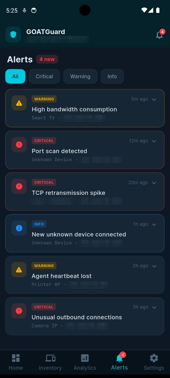 Security alert feed with severity filters: port-scan detection, unknown device joins, heartbeat loss and unusual outbound connections.