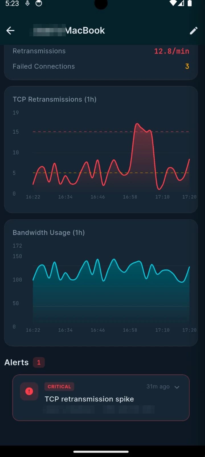 Per-device time-series charts (fl_chart): TCP retransmissions with thresholds and hourly bandwidth usage, plus a critical retransmission-spike alert.