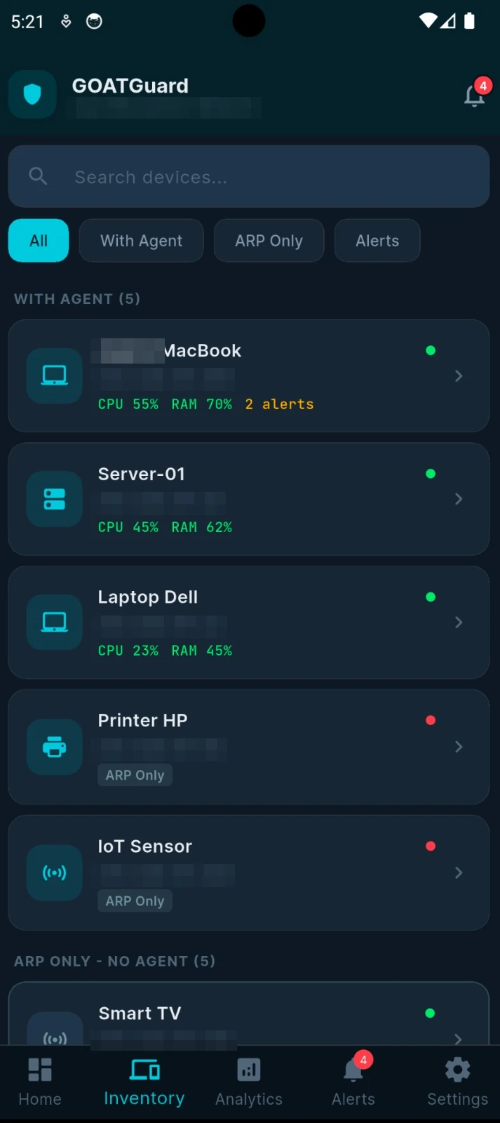 Device inventory with search and filters, split between devices with an installed agent and ARP-only discoveries; sensitive addresses redacted.