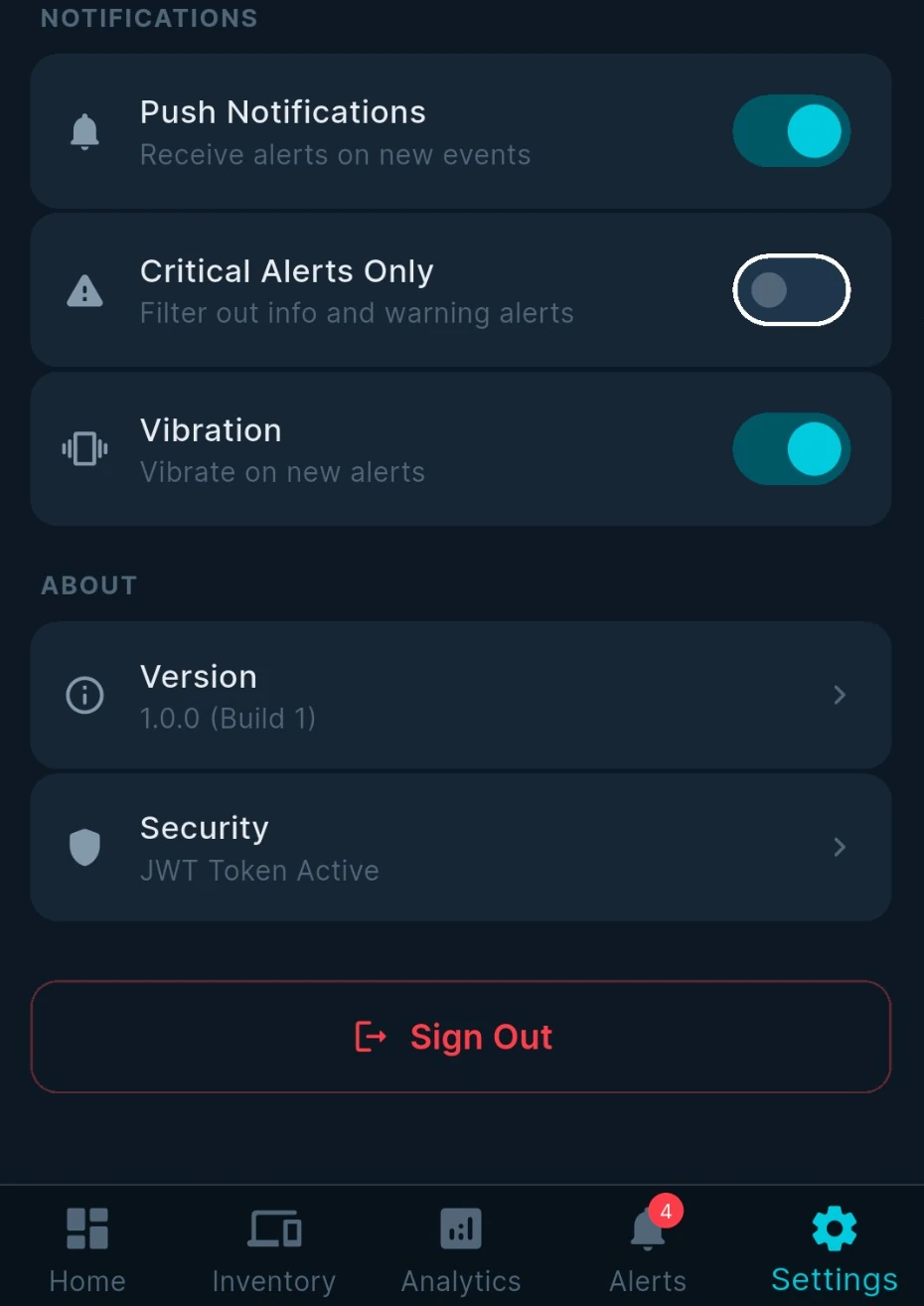 Settings: notification preferences and security section showing the active JWT session, with sign-out.