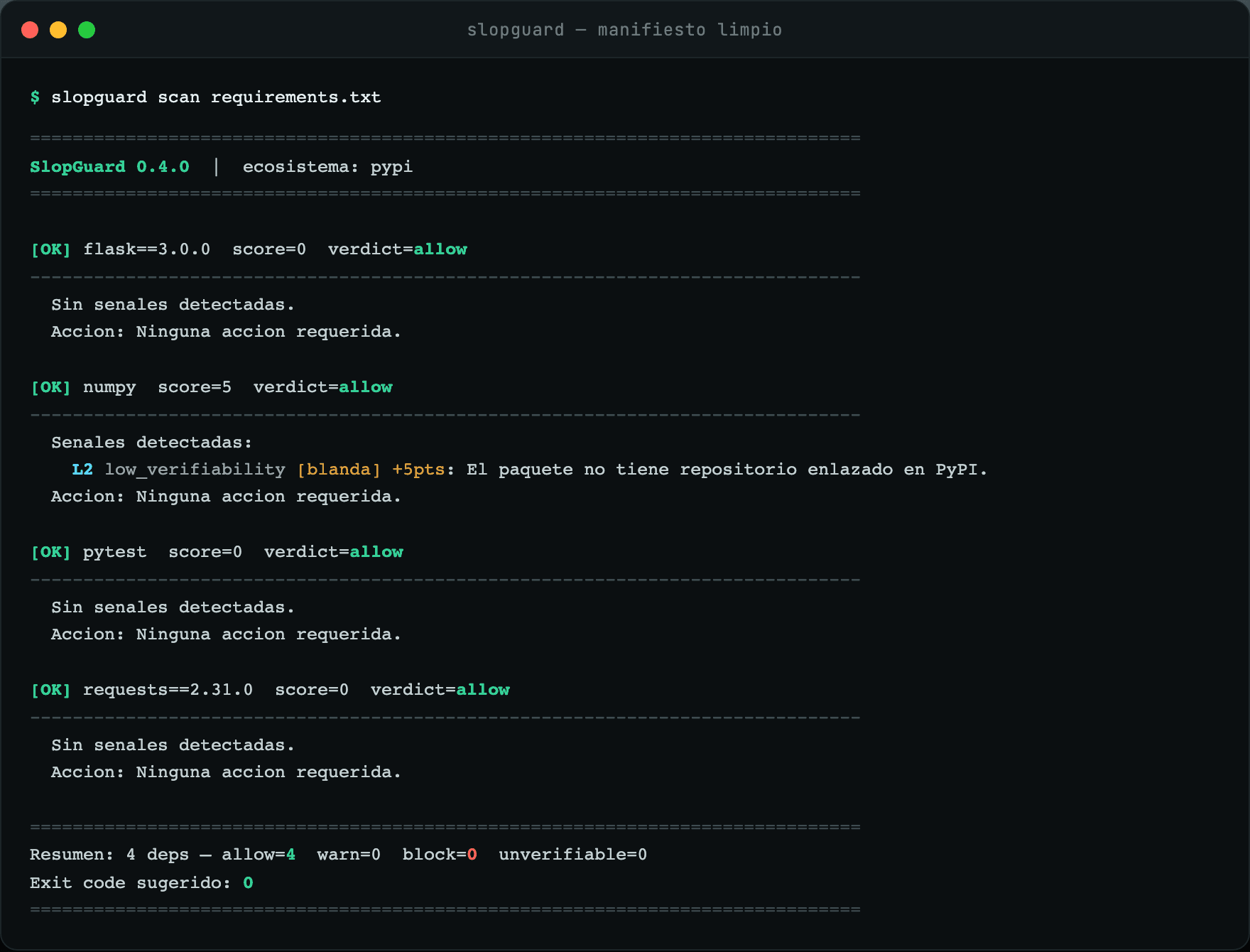 SlopGuard CLI scanning a clean manifest — all four dependencies allowed, exit code 0 (no false positives).